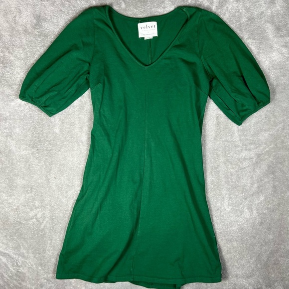 Anthropologie Dress Womens XS Velvet by Graham&Spencer Green Puff Sleeve Mini - Picture 3 of 7